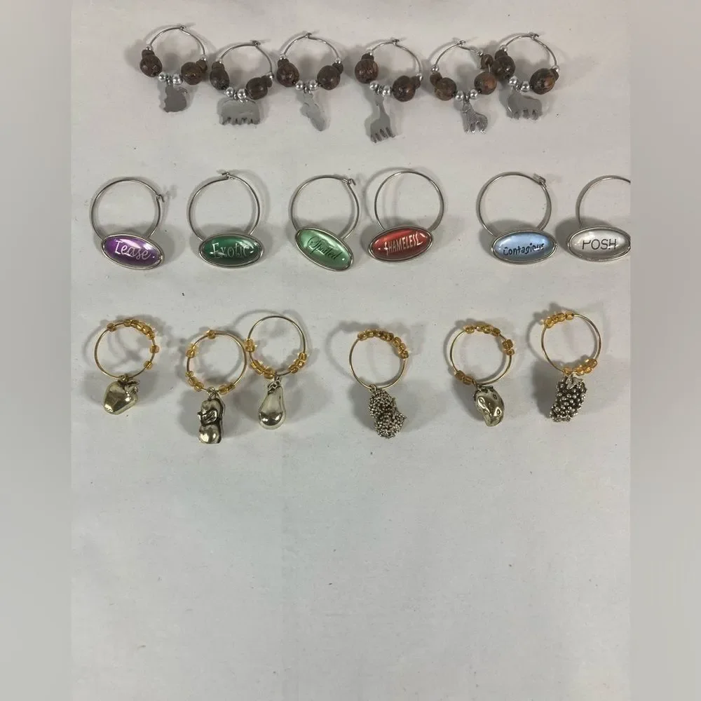 Vtg Lot 35 Wine Glass Charms Santa Fall Rustic Fruit Whimsical Girls Bunko Night